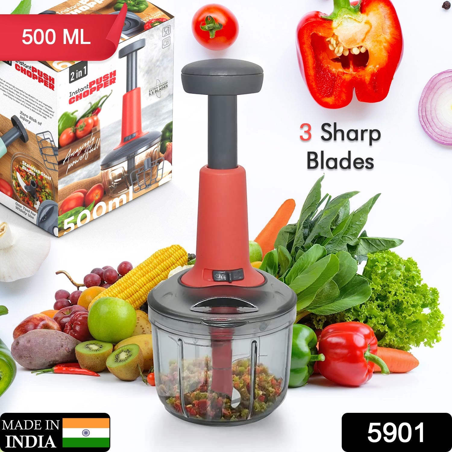 5901 Matte Finish Manual Hand Press Chopper for Kitchen, Mini Handy & Compact Chopper with 3 Blades for Effortlessly Chopping Vegetables & Fruits for Your Kitchen. DeoDap 5901 Matte Finish Manual Hand Press Chopper for Kitchen, Mini Handy & Compact Chopper with 3 Blades for Effortlessly Chopping Vegetables & Fruits for Your Kitchen. DeoDap